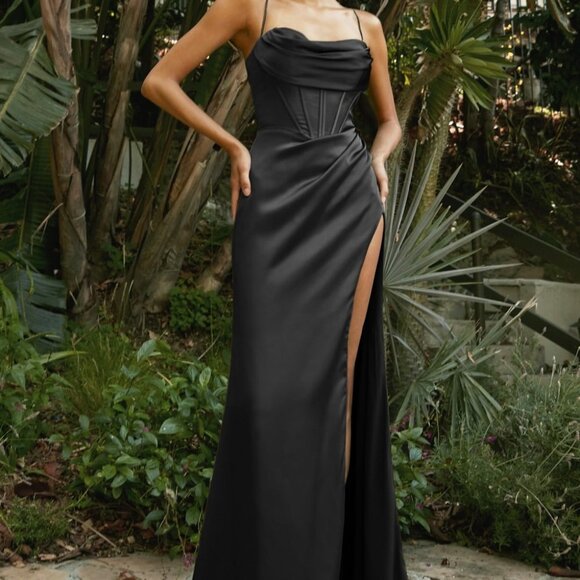 BLACK PROM PARTY EVENING LEG SLIT CORSET COWL SATIN GOWN DRESS CD7483 - Picture 4 of 7